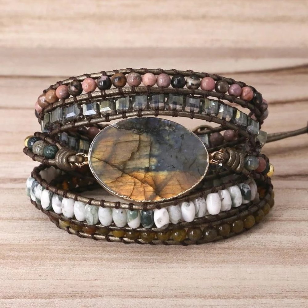 Natural Agate Jasper Stone Beaded Bracelet Labradorite Stone Charm Wrap Bracelet
